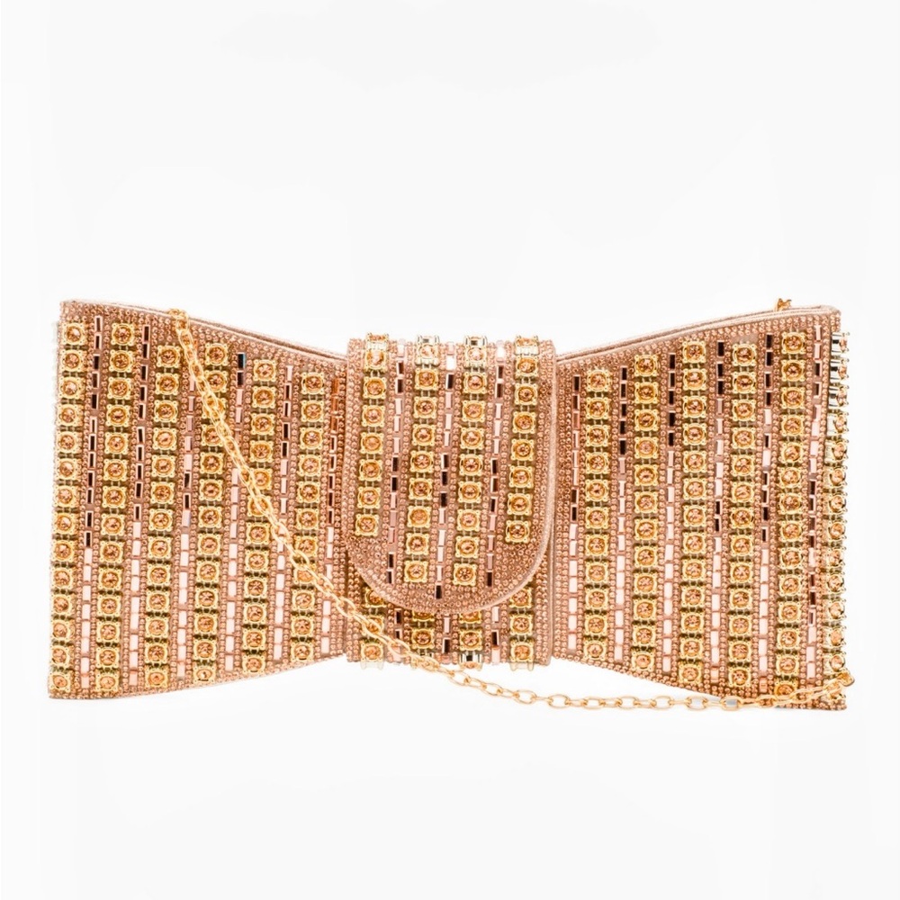 NEW Most Wanted Beaded Bow Clutch Purse in Gold